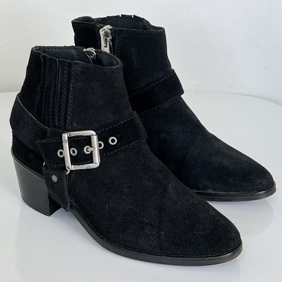 ALL SAINTS Black Suede Harness Buckle Booties Ankle Boots - Picture 6 of 14